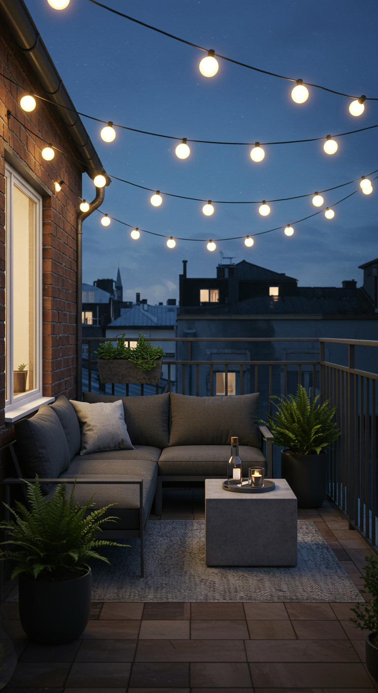 Dachbalkon mit Ecksofa, Betontisch, Farnen und vielen Lichterketten bei Nacht.