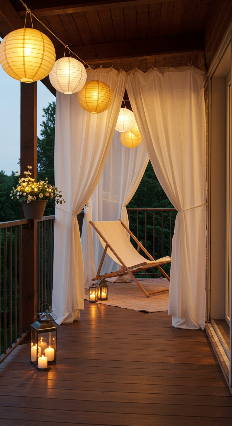 Balkon mit weißen Vorhängen, Papierlampions und einem Liegestuhl.