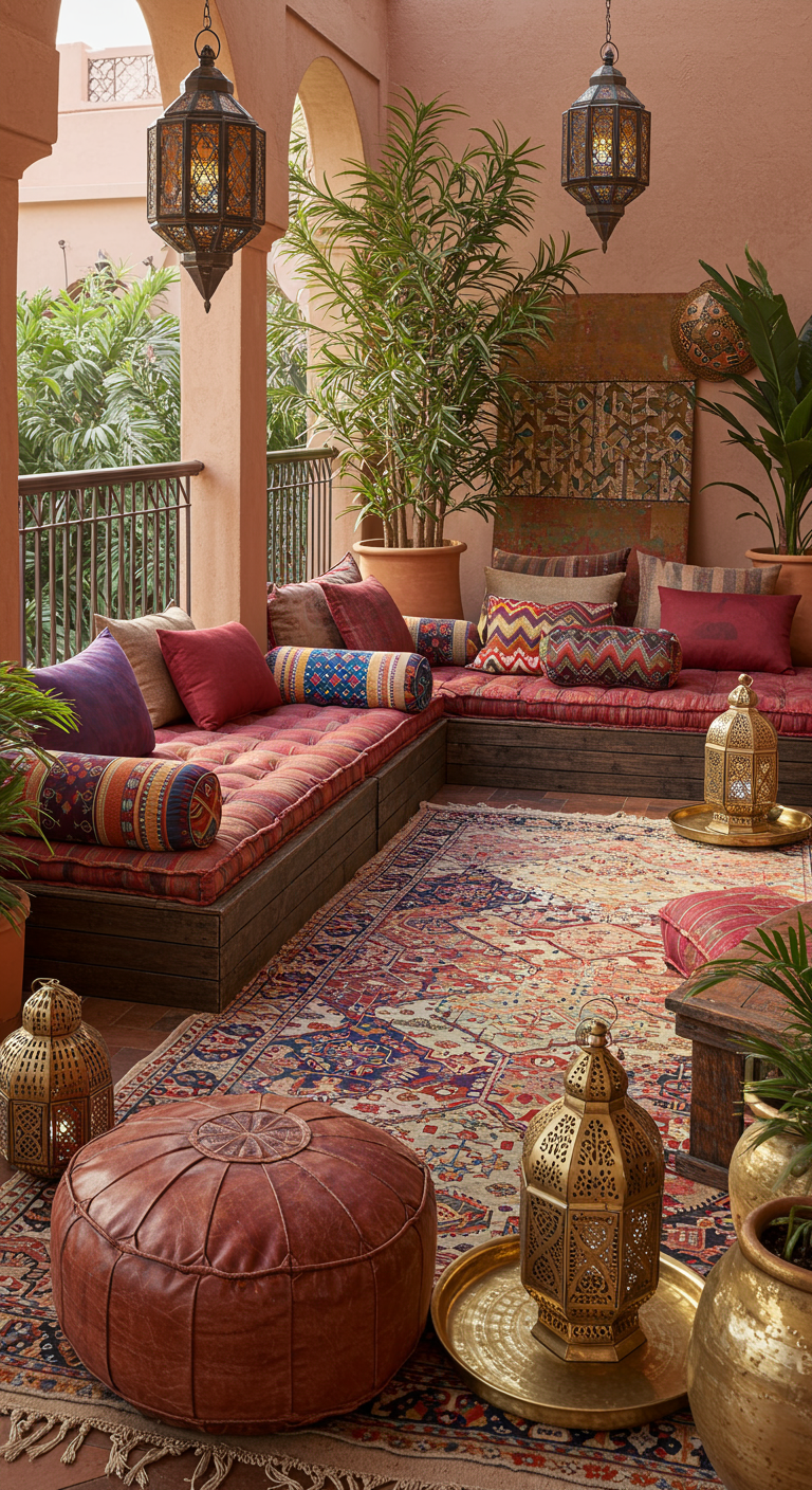Orientalisch gestalteter Balkon mit bunten Kissen, Kelim-Teppich und marokkanischen Laternen.