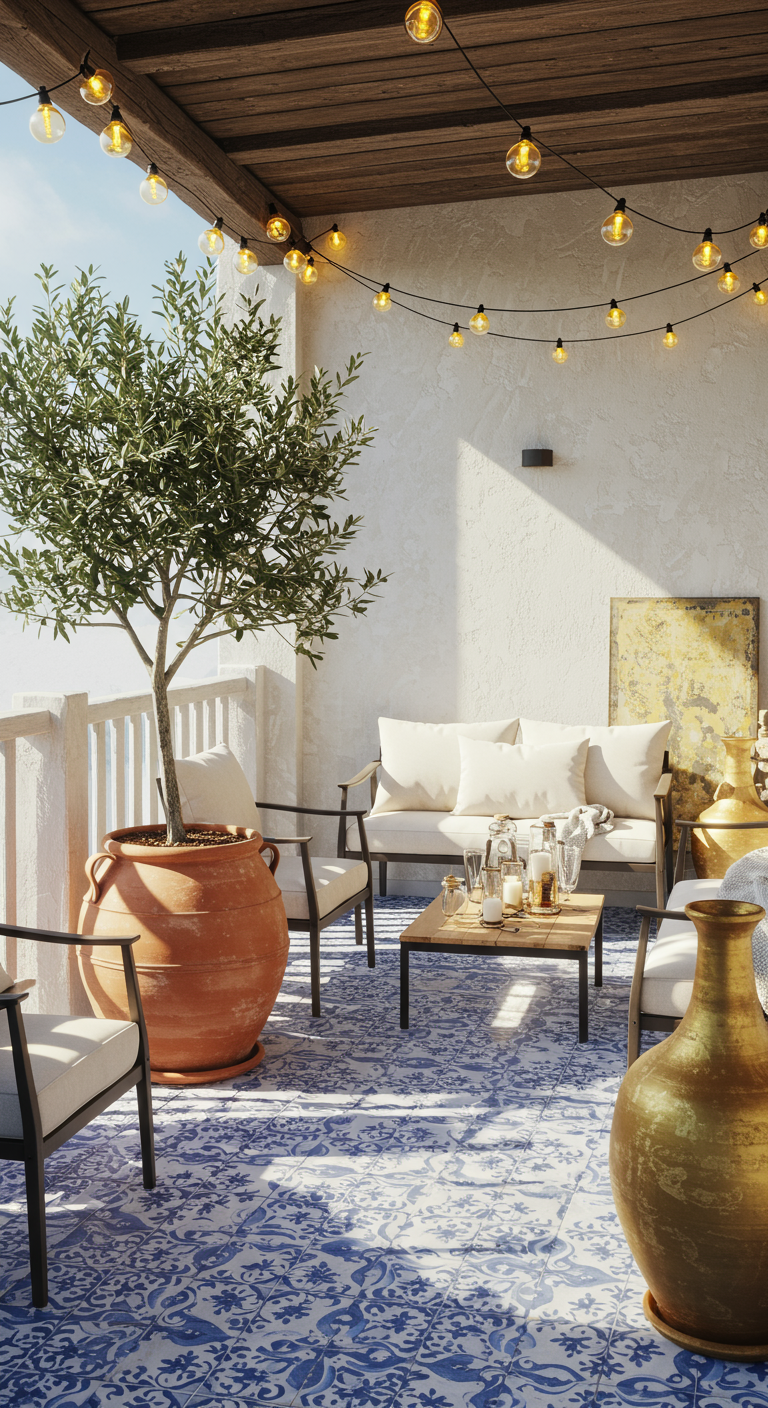Mediterraner Balkon mit Olivenbaum, blau-weißen Fliesen und großen goldenen Vasen sowie Lichterkette.