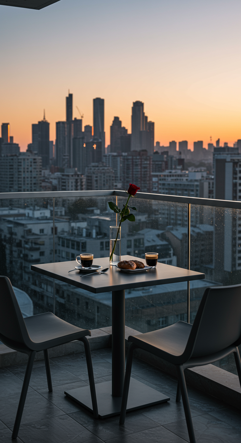 Modernes, minimalistisches Frühstück auf einem Hochhausbalkon mit Skyline-Blick bei Sonnenuntergang.