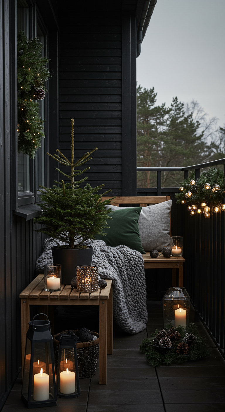 Minimalistisch-gemütlicher Balkon mit kleinem Tannenbaum, Strickdecke und Laternen.