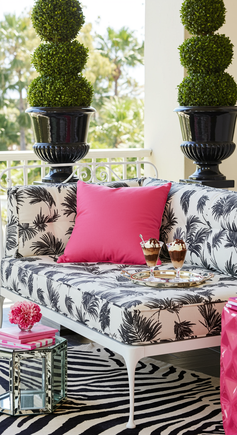 Elegantes Balkonsofa mit Palmenprint, pinkem Kissen und Zebra-Teppich.