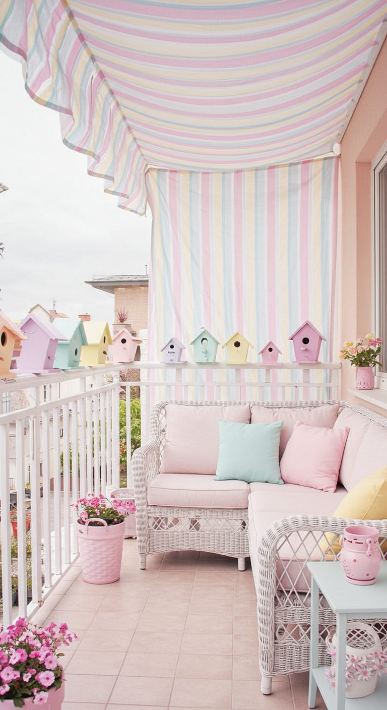 Balkon in Pastellfarben mit gestreiftem Sonnensegel, pastellfarbenen Vogelhäuschen und rosa Möbeln.