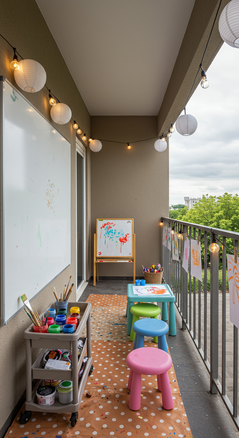 Schmaler Balkon mit Whiteboard, Malwagen, Kindertisch und Lichterkette.