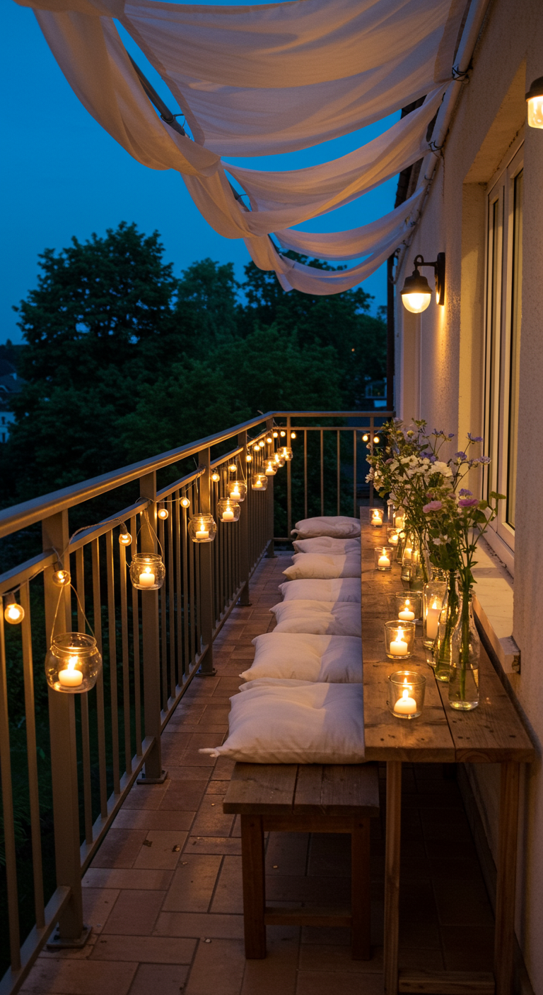 Schmaler Balkon mit langem Holztisch, Stoffbaldachin, vielen Kerzen und Kissen bei Nacht.