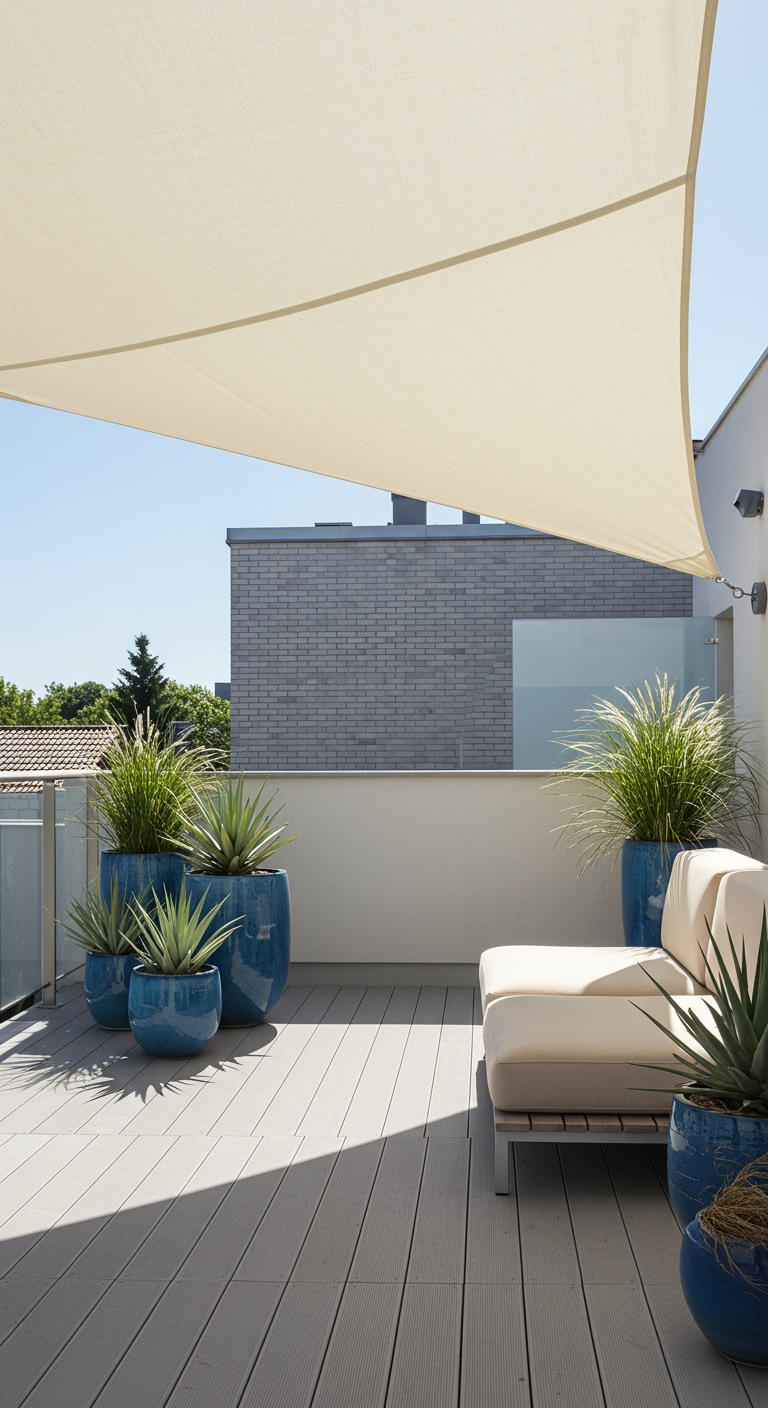Moderner Dachbalkon mit beigem Sonnensegel, heller Chaiselongue und blauen Pflanzkübeln.