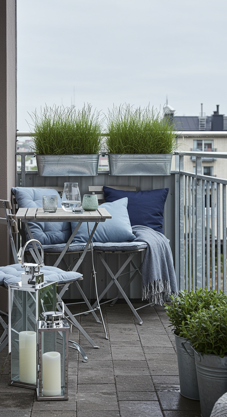Nordbalkon im skandinavischen Stil mit Zinkwannen-Gräsern, blauen Kissen und Laternen.