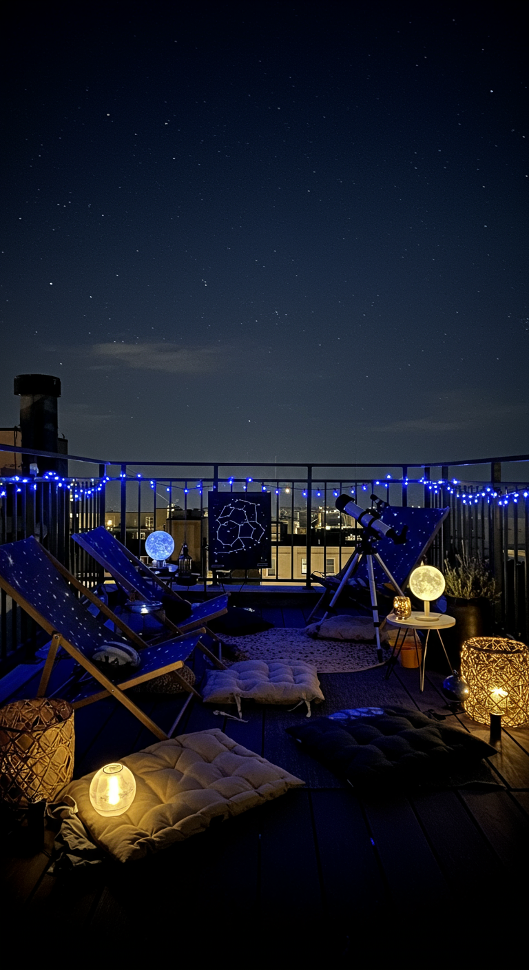 Dachbalkon bei Nacht mit Liegestühlen, Teleskop, Mondlampen und blauen Lichterketten.