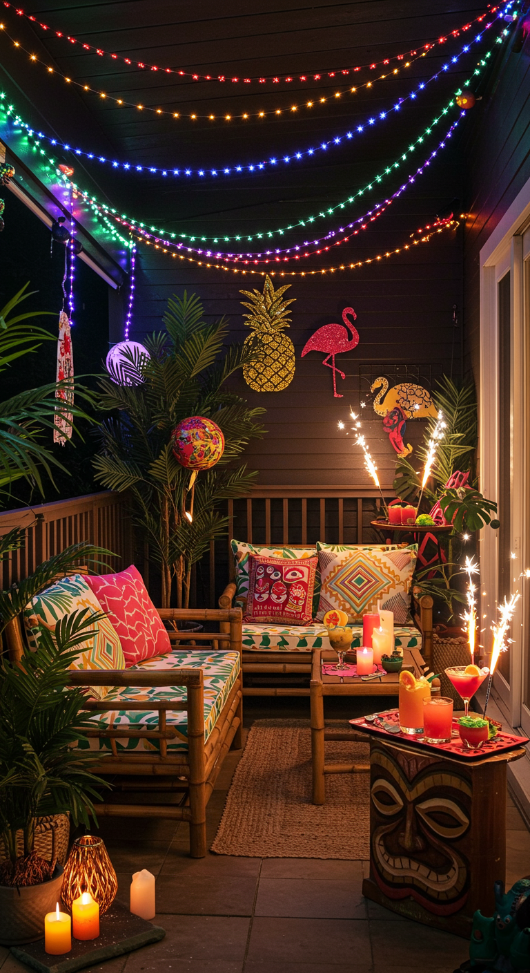 Balkon mit Tiki-Party-Deko, bunten Lichtern und tropischen Elementen für Silvester.