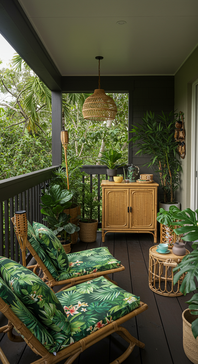 Balkon im tropischen Stil mit einem Rattan-Sideboard als Stauraum und Ablagefläche.