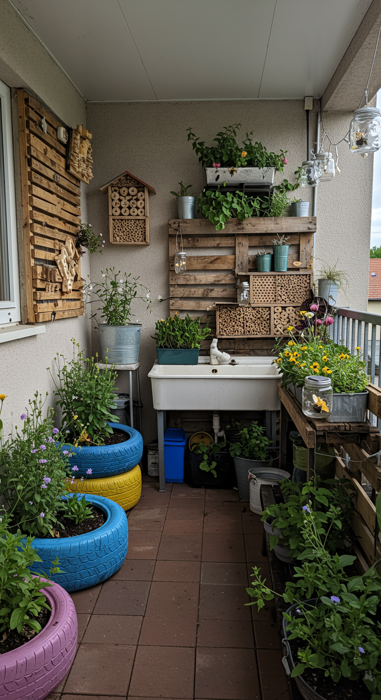 Balkon mit bunt bemalten Autoreifen als Pflanzkübel und Upcycling-Elementen.