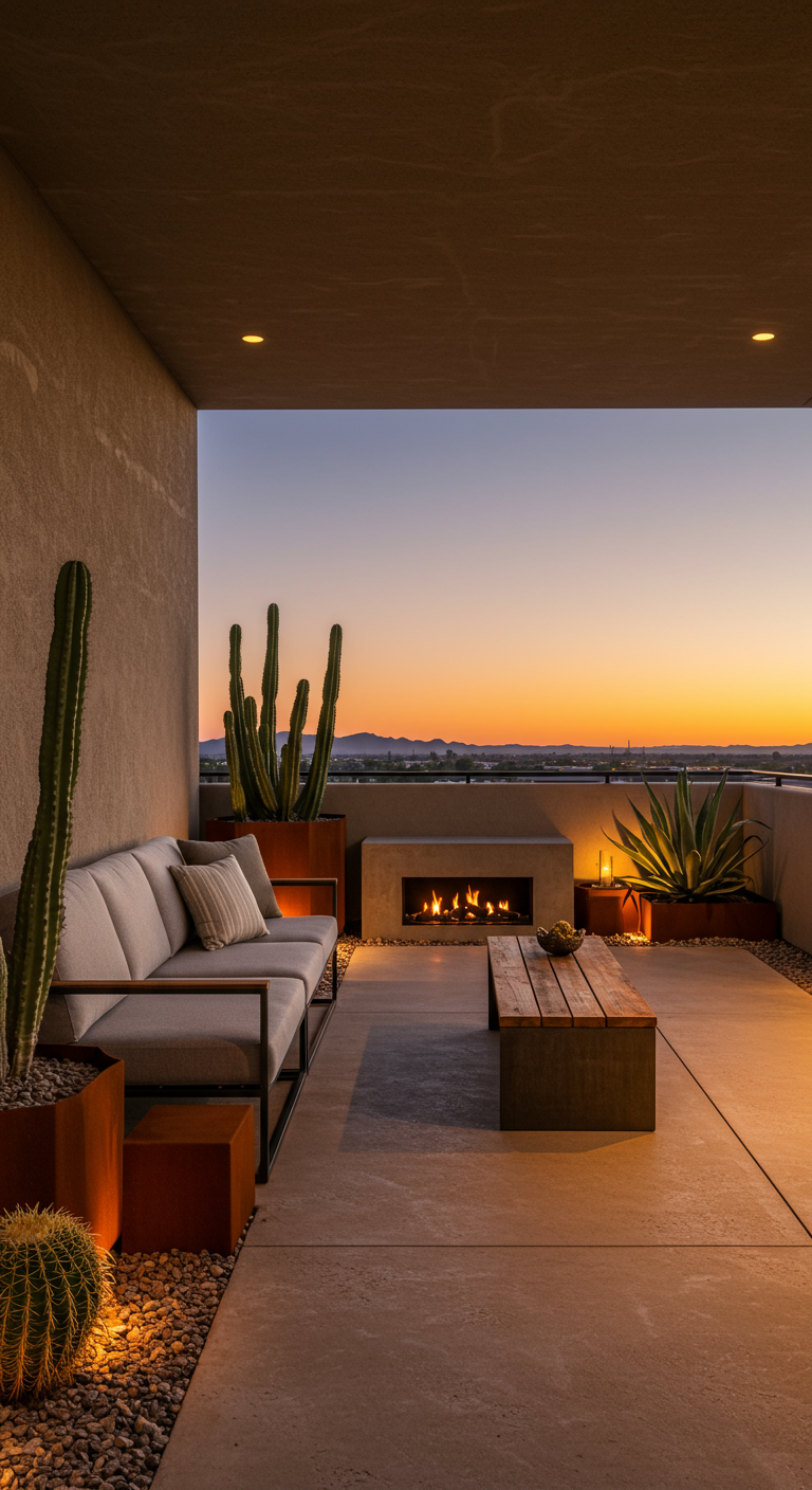 Moderner Balkon mit Betonboden, Sofa, Feuerstelle und großen Kakteen bei Sonnenuntergang.