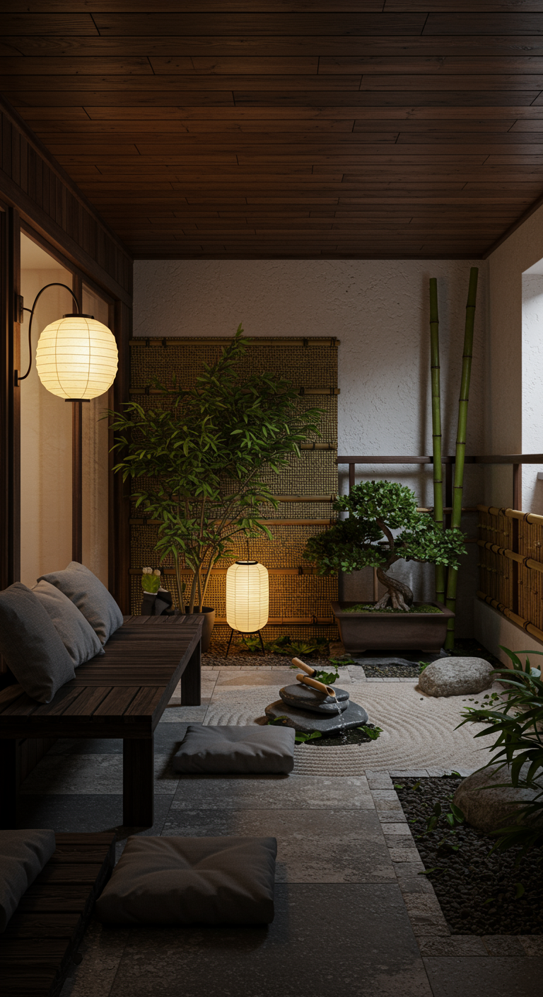 Balkon im japanischen Zen-Stil mit Holzelementen, Bambus, Kies und Papierlaternen.