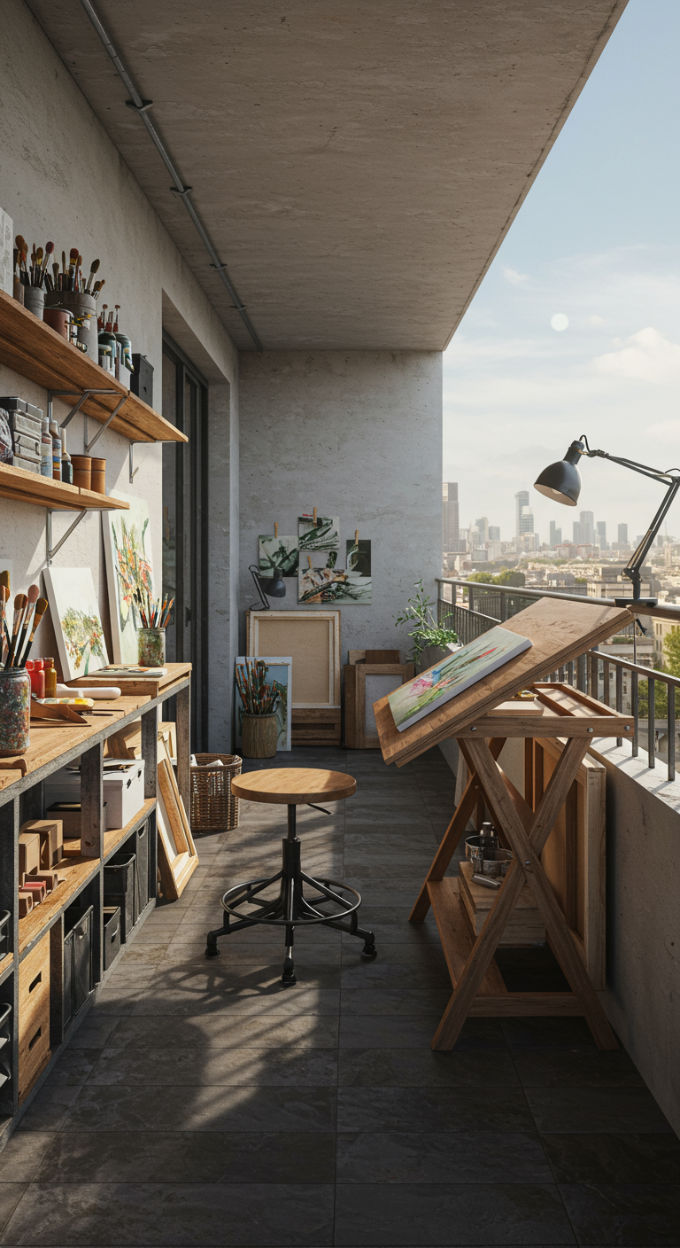 Künstleratelier auf dem Balkon mit Zeichentisch, Regalen und Stadtblick.