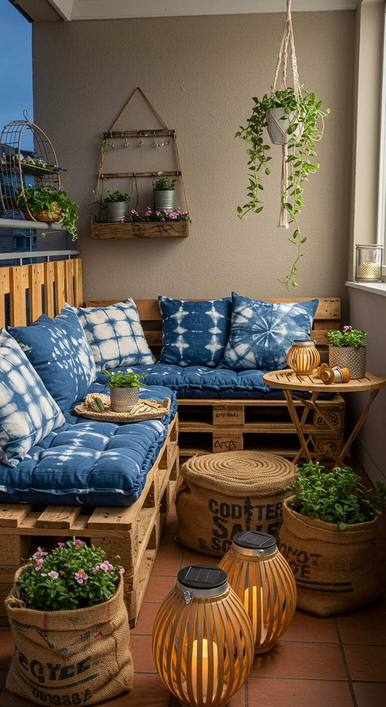 DIY-Balkonlounge aus Europaletten mit blauen Shibori-Kissen und Jute-Deko.