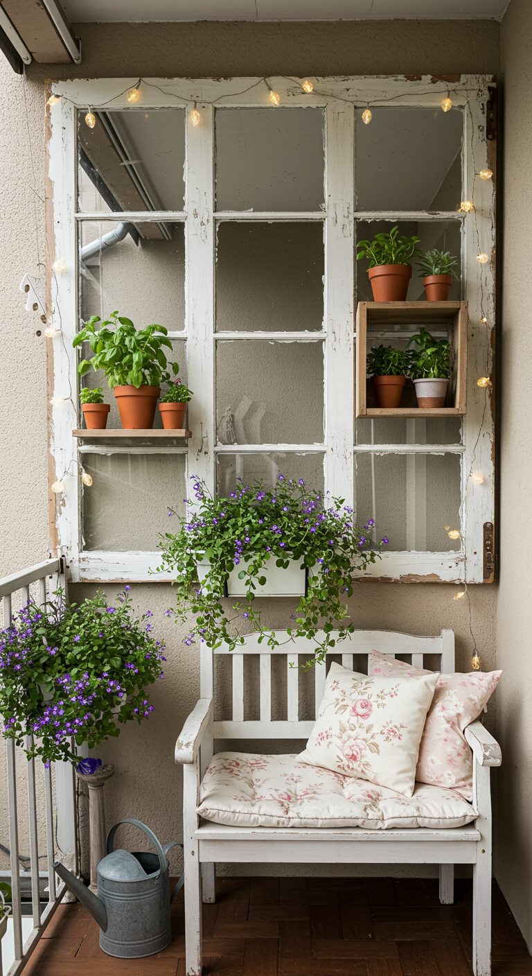 Altes weißes Fenster als Hintergrund für Pflanzenregal auf Balkon mit Vintage-Bank.