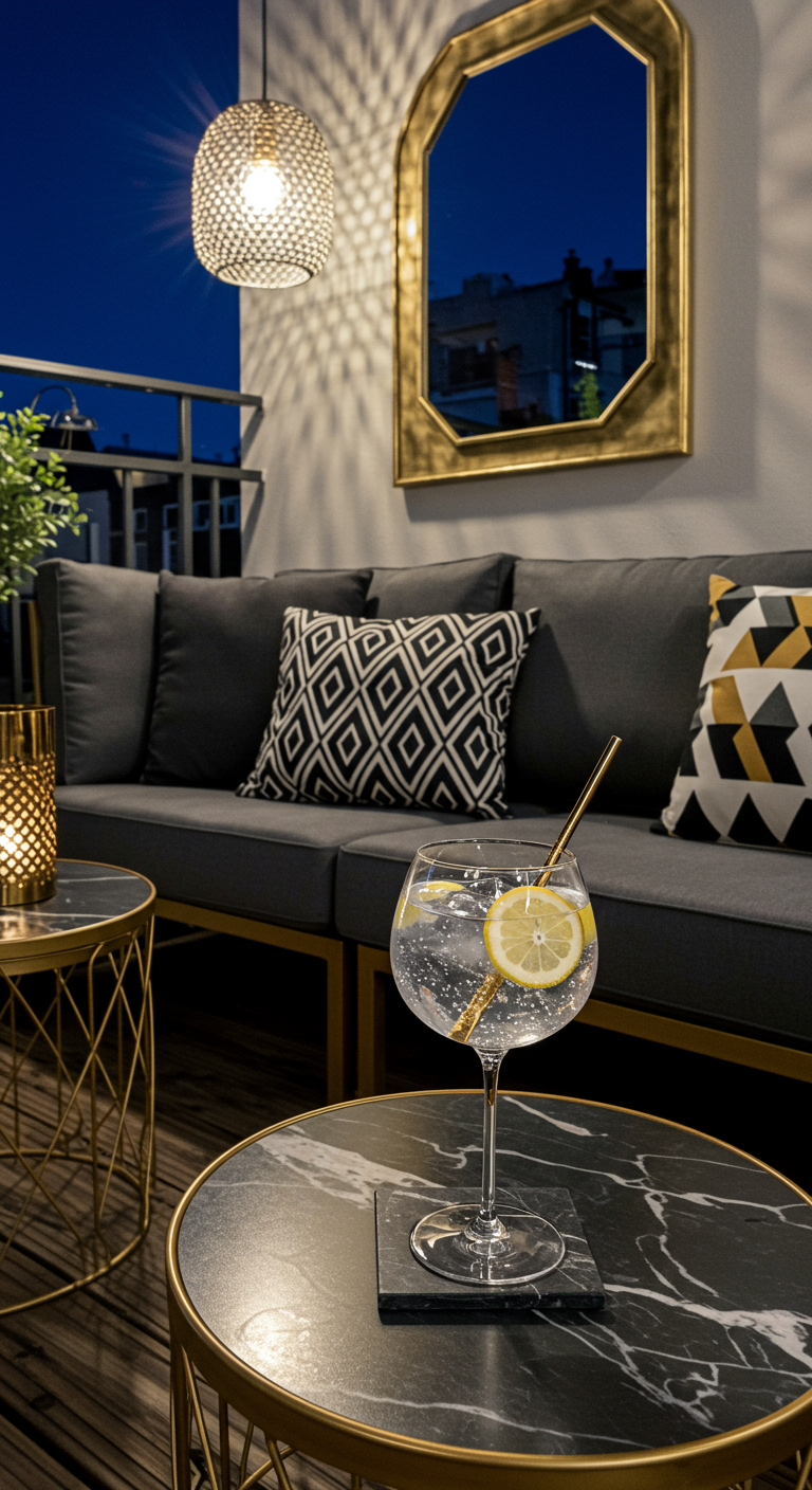 Eleganter Balkon mit dunklem Sofa, Goldakzenten und Marmortisch.