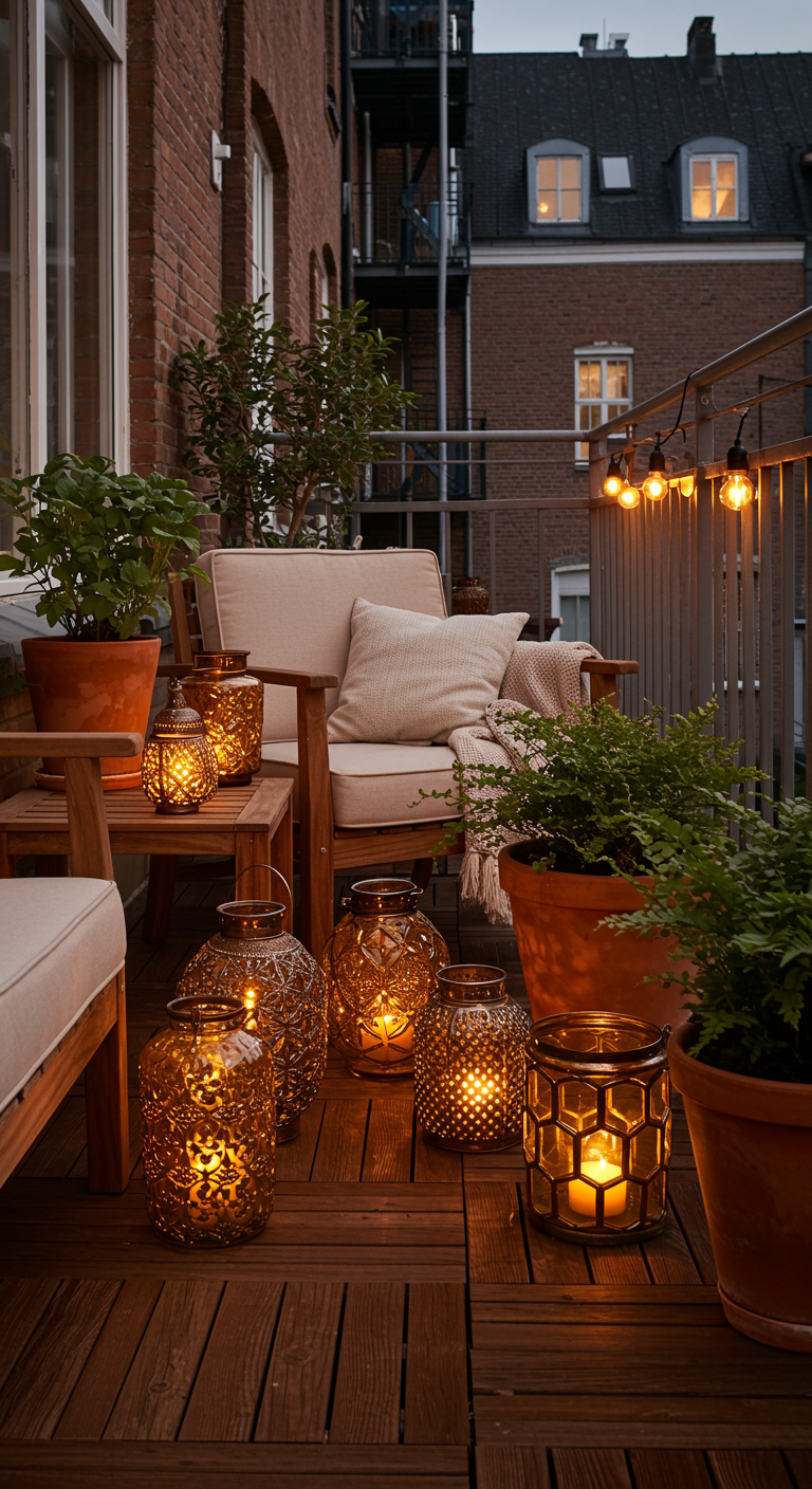 Nordbalkon mit Holzmöbeln und vielen bernsteinfarbenen Glaslaternen, die warm leuchten.