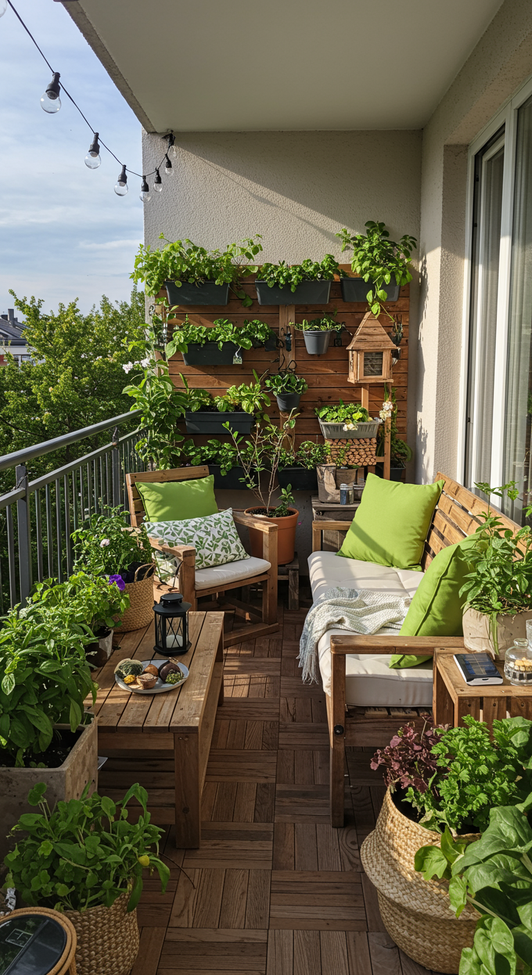 Balkon mit Holzmöbeln, vielen Grünpflanzen und einem vertikalen Pflanzregal.