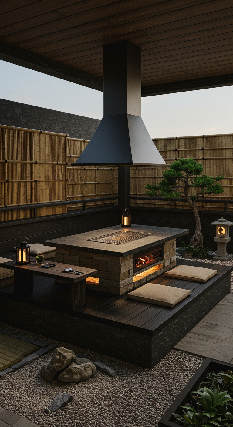 Japanisch inspirierte Außensitzecke mit integriertem Grilltisch und Bambuselementen.