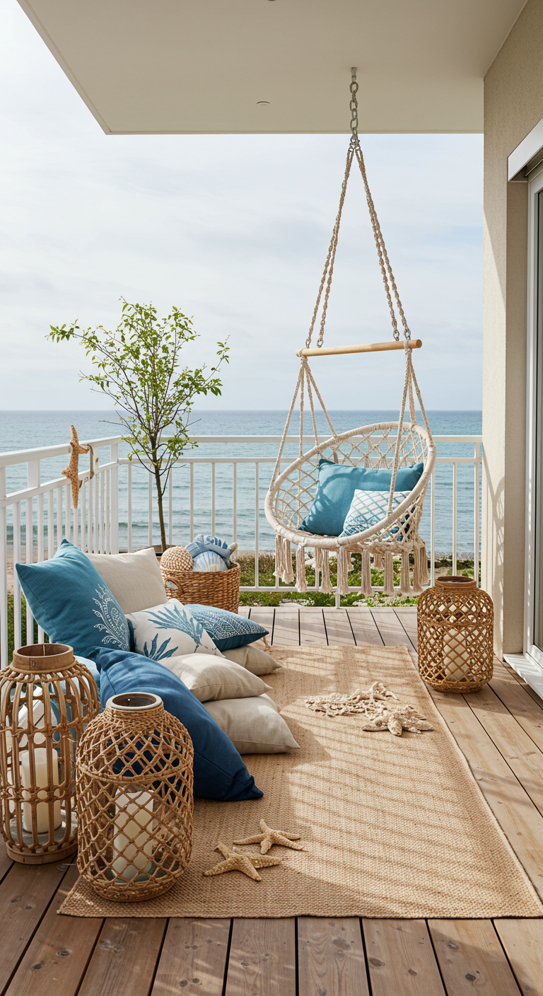 Maritimer Boho-Balkon mit Makramee-Hängesessel, blauen Kissen und Windlichtern.