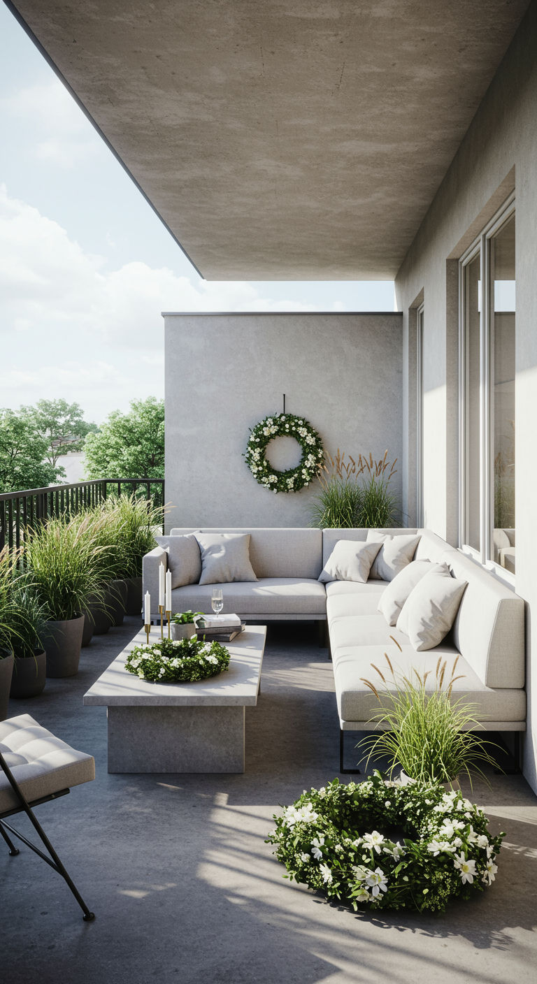Moderner Balkon mit grauer Lounge, Beton, Gräsern und weißen Midsommar-Kränzen.