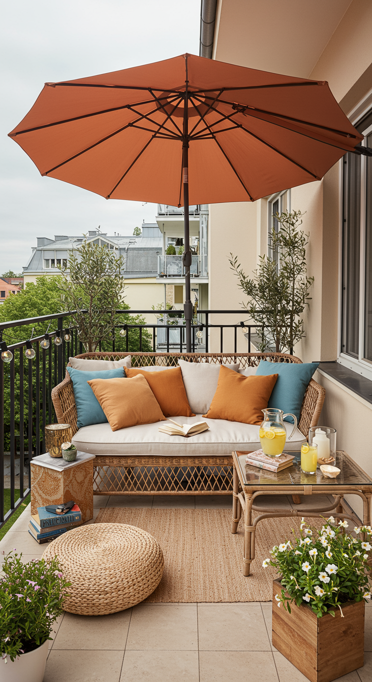 Gemütlicher Balkon mit terrakottafarbenem Sonnenschirm, Korbmöbeln, Jute-Teppich und Lichterkette.