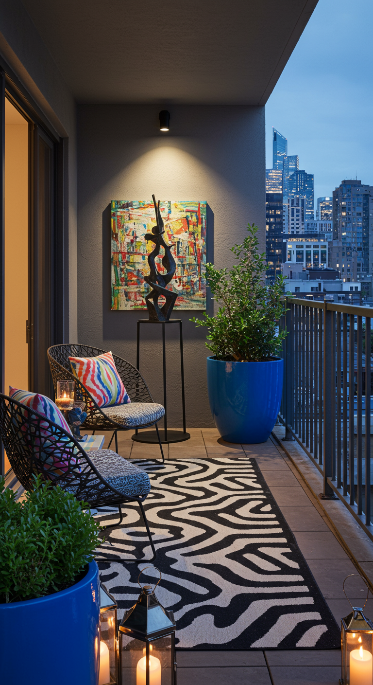 Moderner Balkon mit Kunstwerk an der Wand, grafischem Teppich und bunten Akzenten.