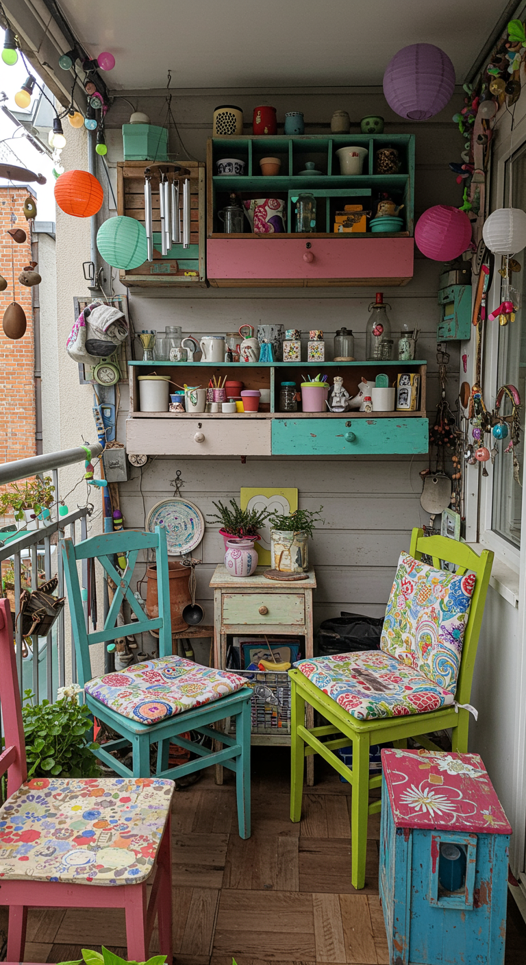 Bunt gestalteter Balkon mit vielen kleinen, an der Wand befestigten Regalen und Schubladen als Stauraum.