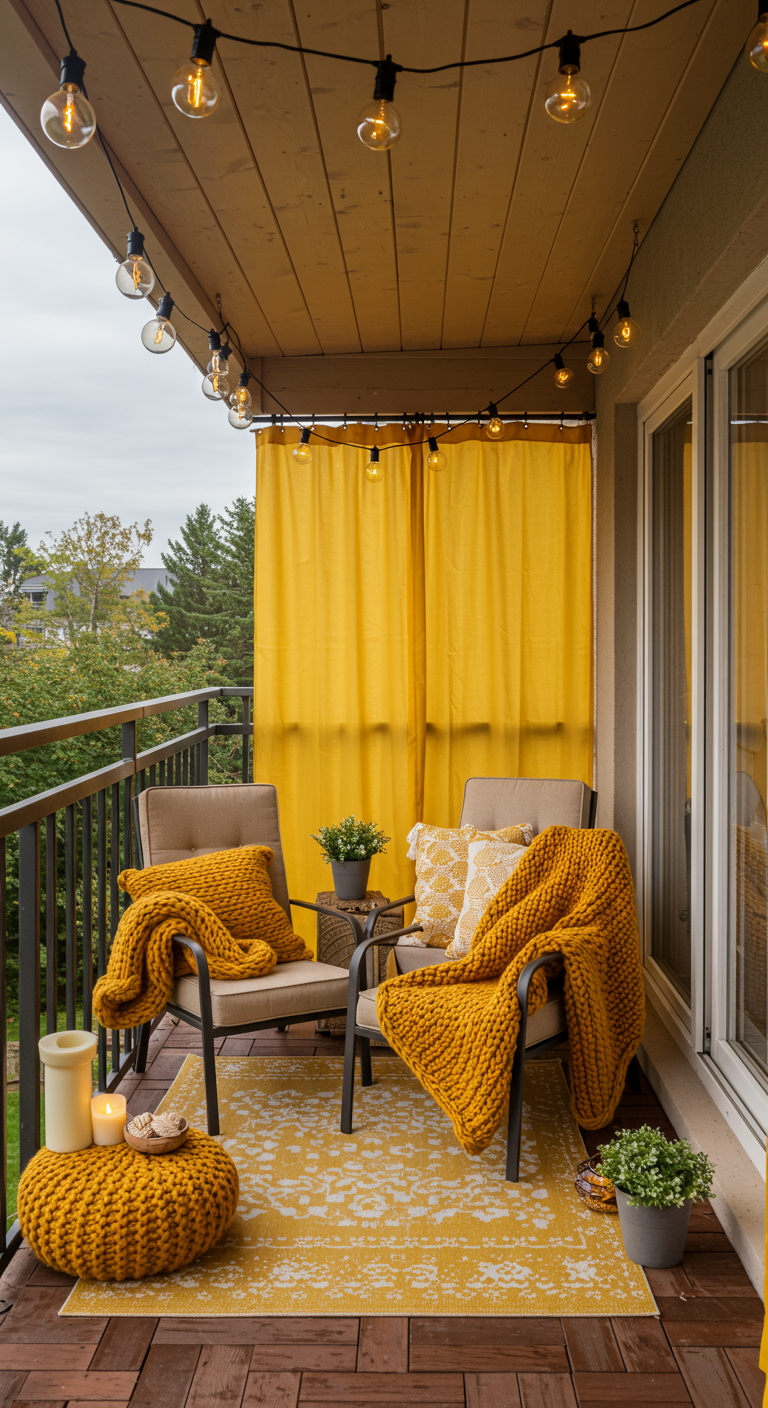 Gemütlicher Balkon mit gelben Vorhängen, Strickdecken und Lichterkette.