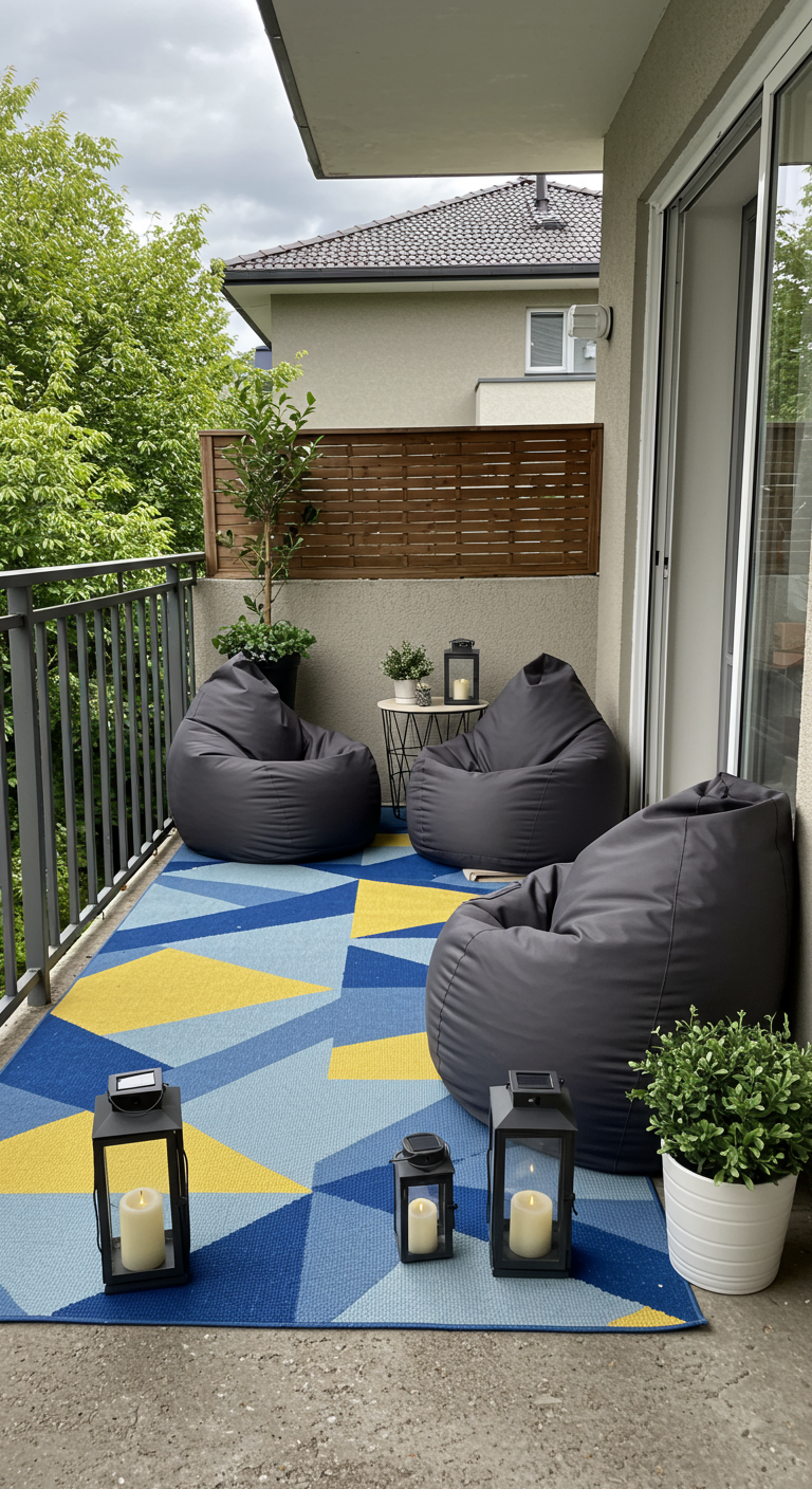 Drei graue Sitzsäcke auf einem bunten Outdoor-Teppich, umgeben von Laternen auf einem Balkon.