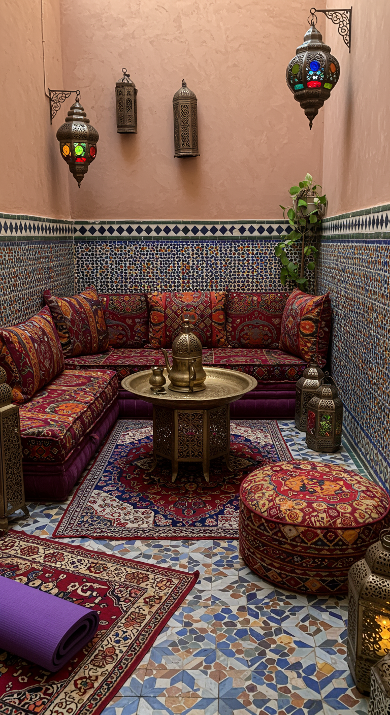 Orientalisch gestalteter Innenhof mit Mosaikfliesen, bunten Kissen und Laternen, Yogamatte.