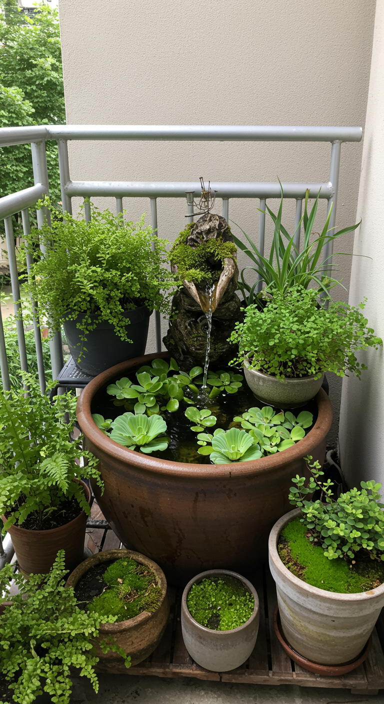 Kleiner Balkon-Teich in einem großen Topf mit Wasserpflanzen und einem Mini-Springbrunnen.