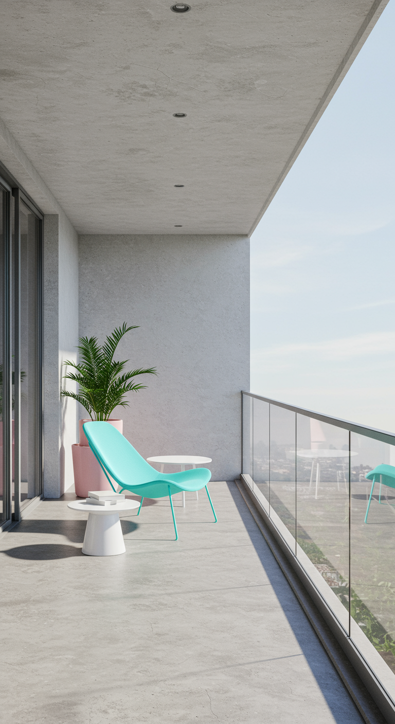 Moderner Balkon mit Betonwänden und einem türkisfarbenen Designer-Sessel.