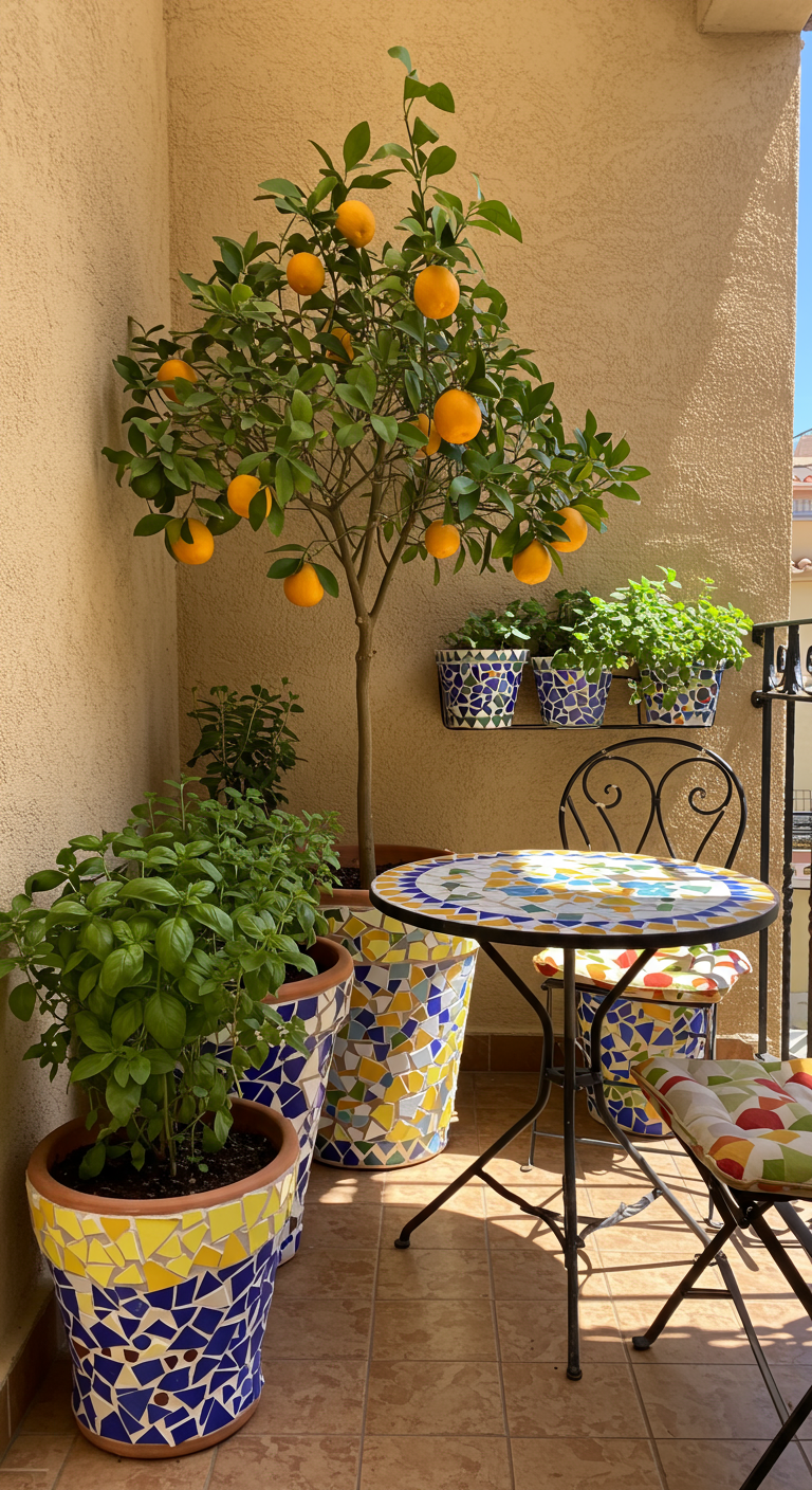 Balkon mit Orangenbäumchen und Kräutern in Mosaik-verzierten Töpfen, schmiedeeiserne Möbel.