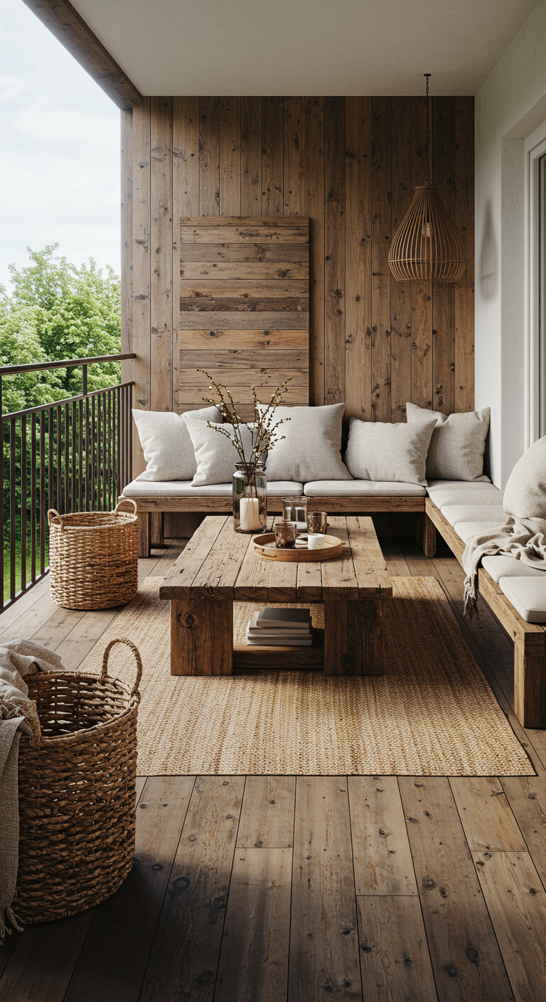 Balkon mit Holzverkleidung, Holzbank, Jute-Teppich und geflochtenen Körben.
