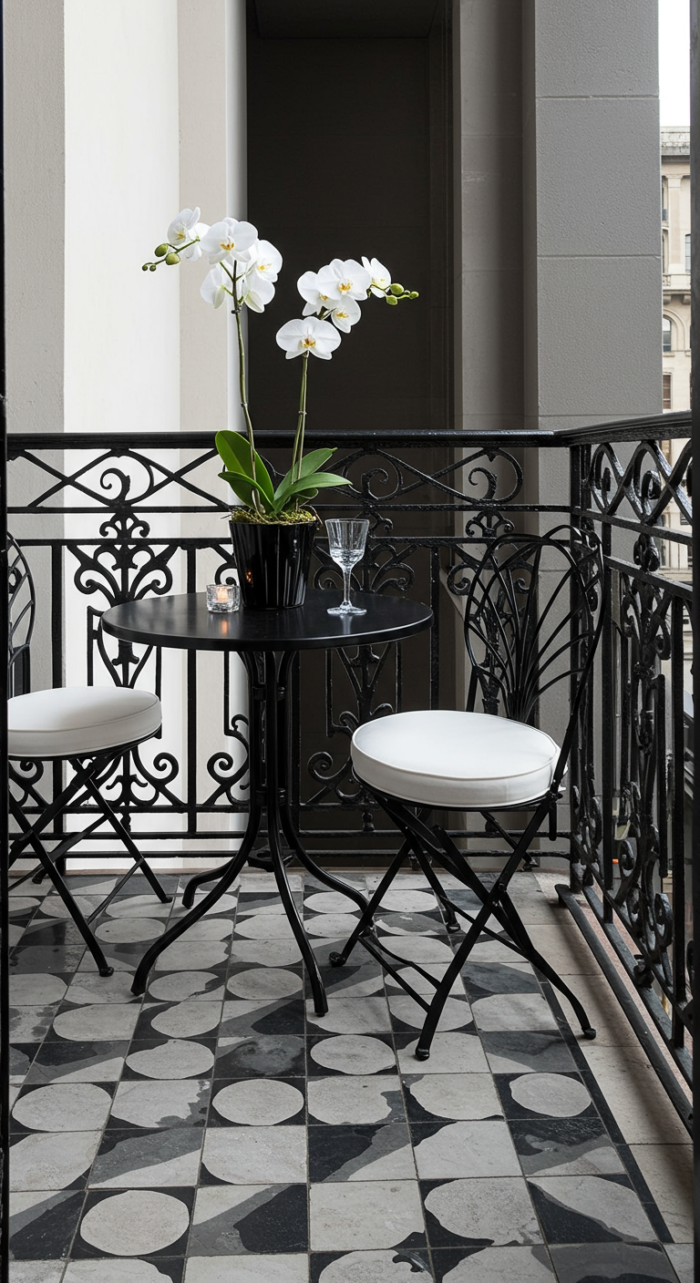 Kleiner Balkon mit schwarzem Bistro-Set, weißen Kissen, grafischen Bodenfliesen und weißer Orchidee.