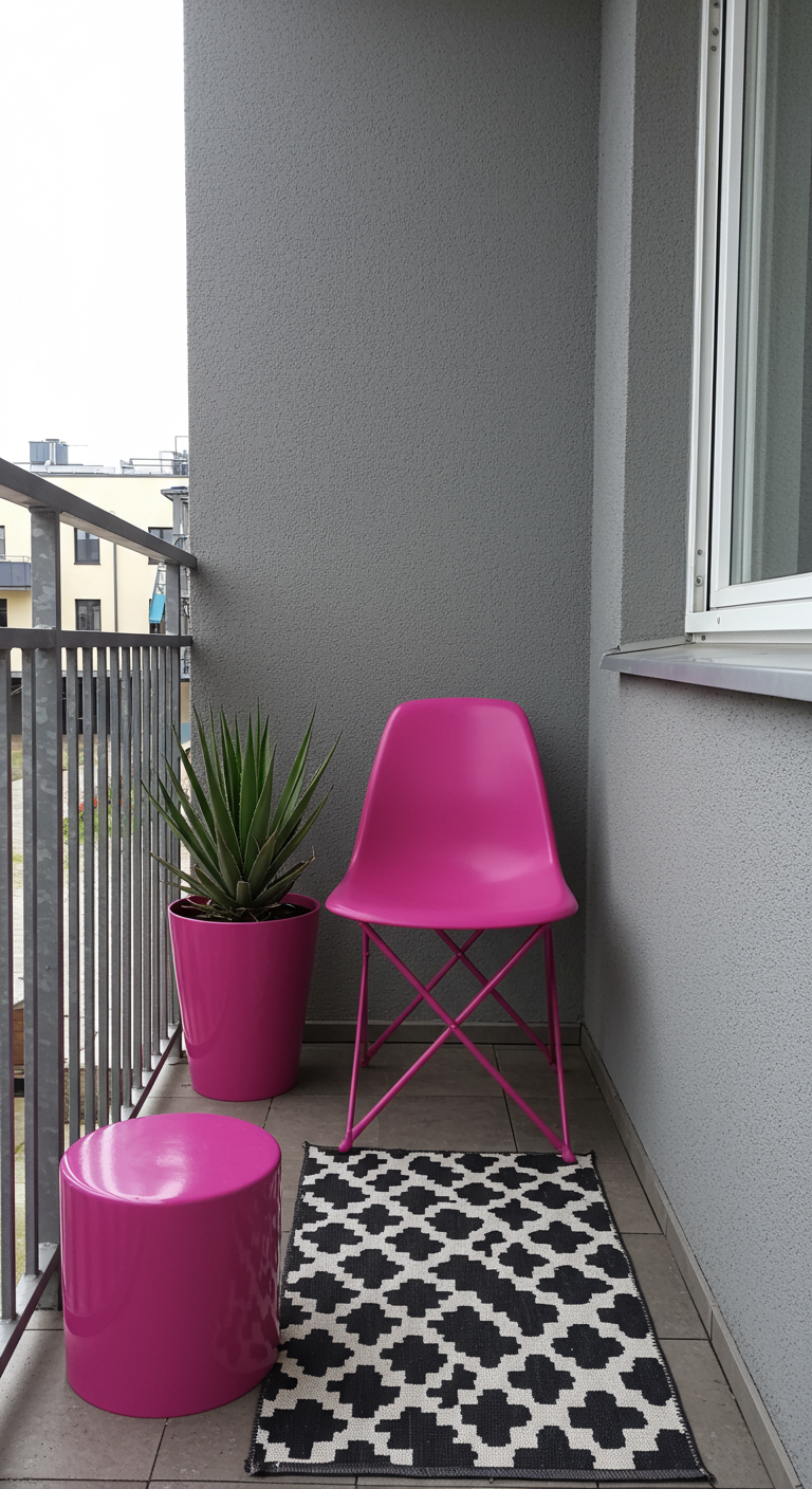 Minimalistischer Balkon mit pinkem Stuhl, pinkem Hocker und Agave.