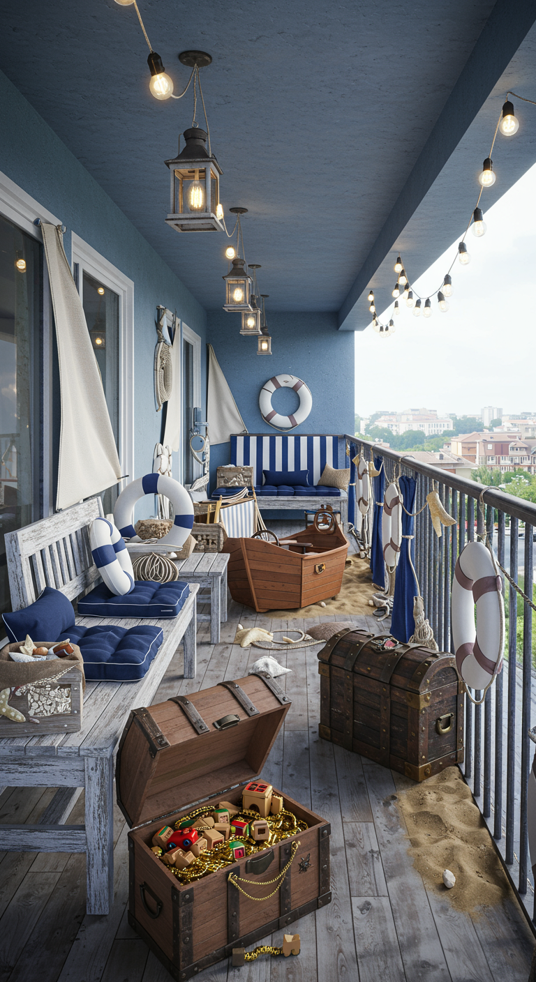 Balkon im Piratenstil mit blauer Wand, Holzbänken, Schatztruhen und Sand.