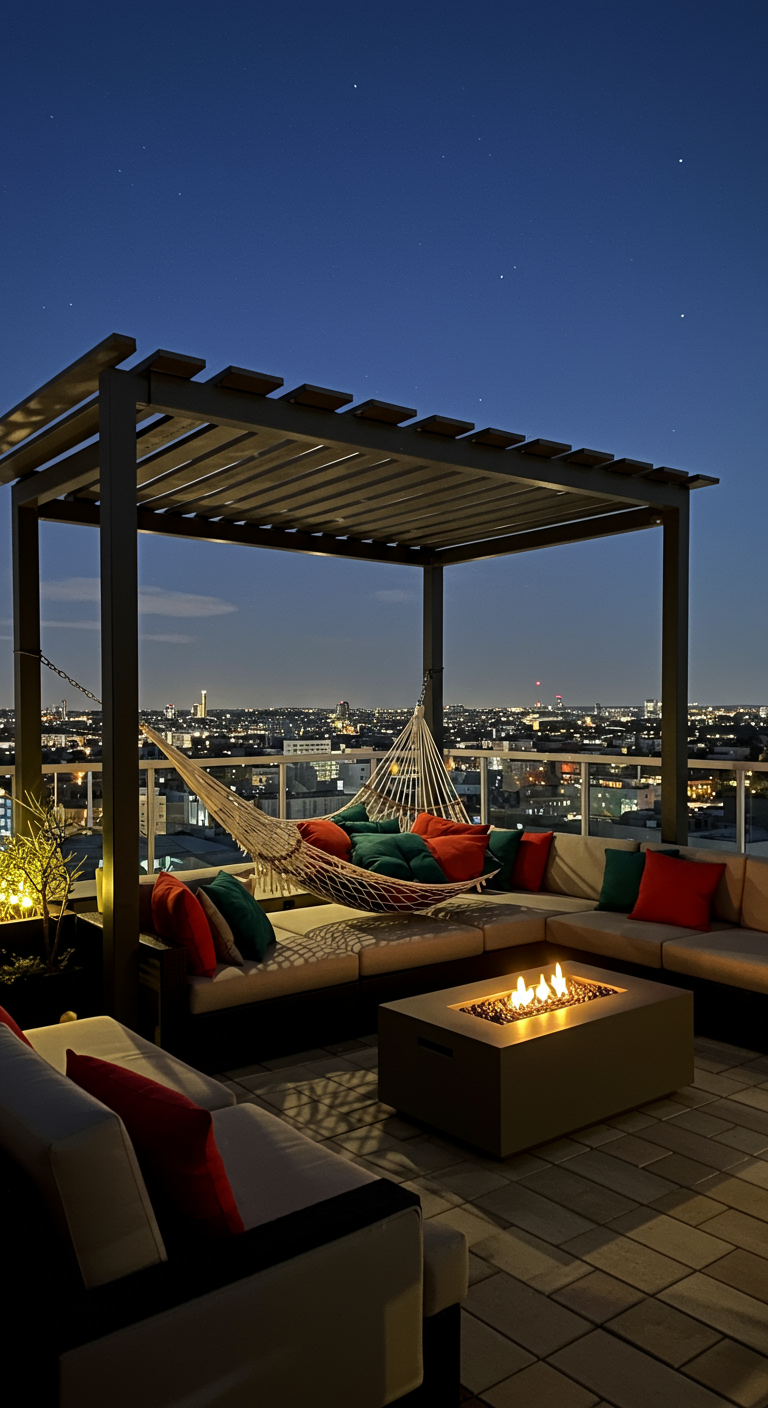 Dachterrasse bei Nacht mit Lounge, Hängematte unter Pergola und Gas-Feuerstelle.