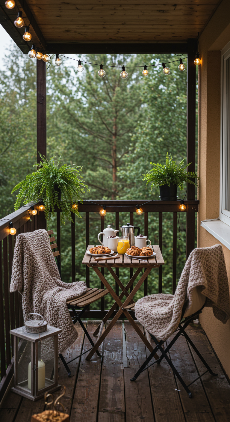 Gemütliches Frühstück auf einem Holzbalkon mit Strickdecken, Farnen und Lichterketten.