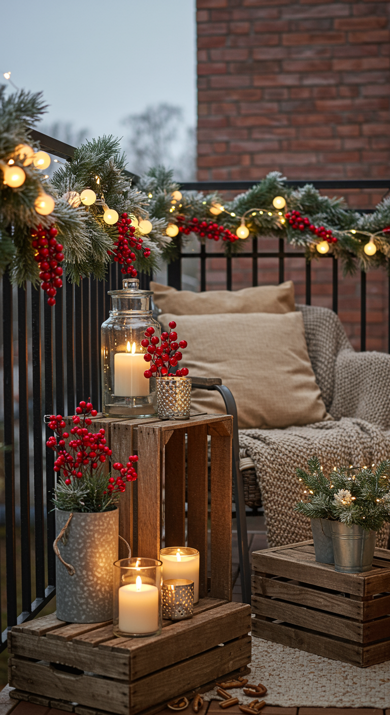 Balkon mit Holzkisten-Deko, roten Beeren, Kerzen und Lichterketten.
