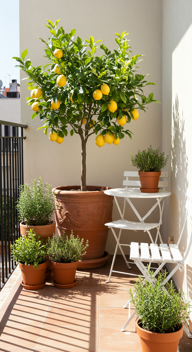 Zitronenbaum in großem Terrakotta-Topf neben weißen Bistromöbeln auf sonnigem Balkon.