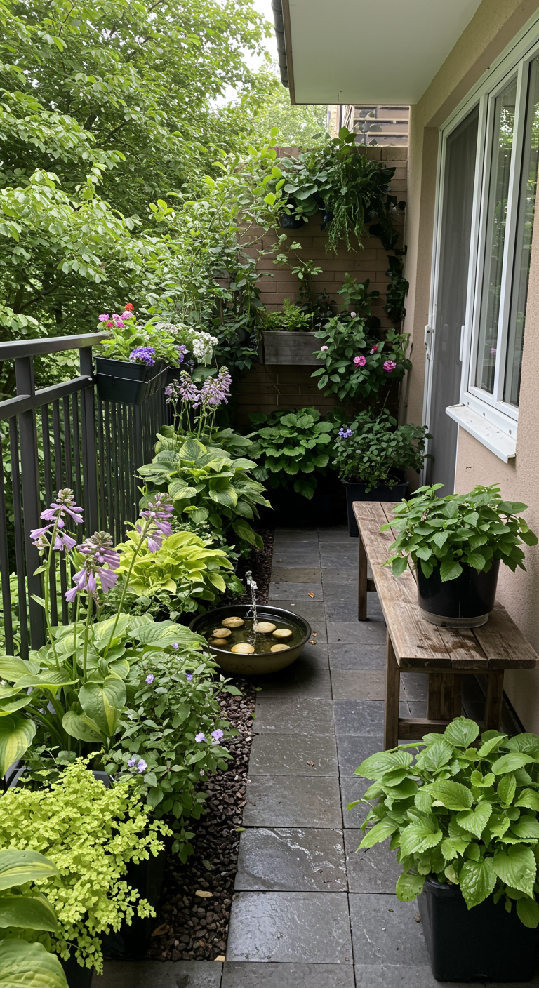 Schattiger Balkon mit vielen Hostas, einer Holzbank und einer Bienentränke.