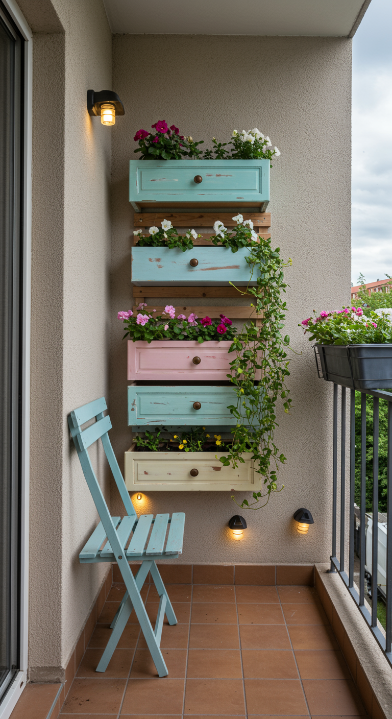 Bunt bemalte alte Schubladen als Wandregal für Blumen auf einem Balkon.