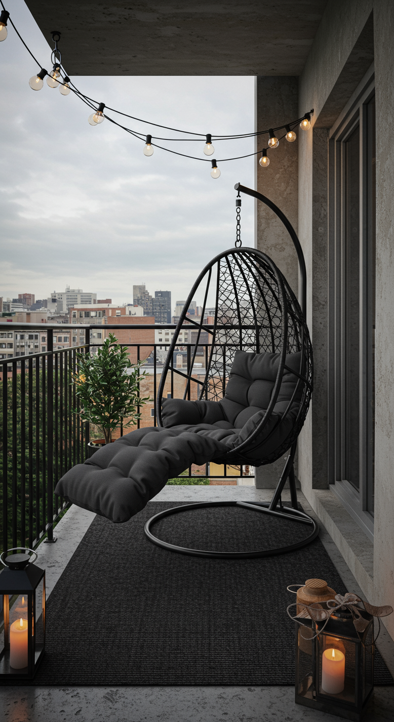 Balkon mit schwarzem Hängesessel, dunklem Teppich, Lichterkette und Laternen.