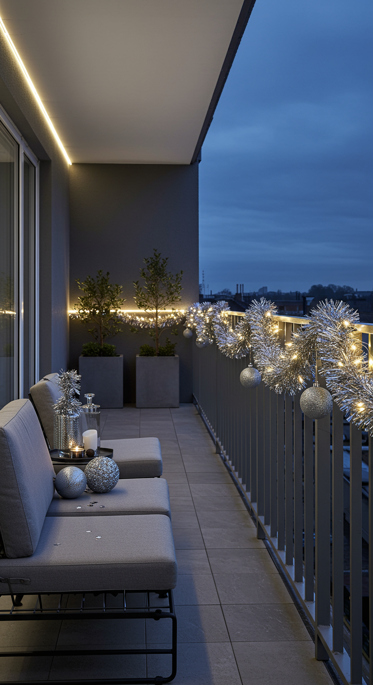 Moderner Balkon mit grauen Loungemöbeln und silberner Silvesterdeko.