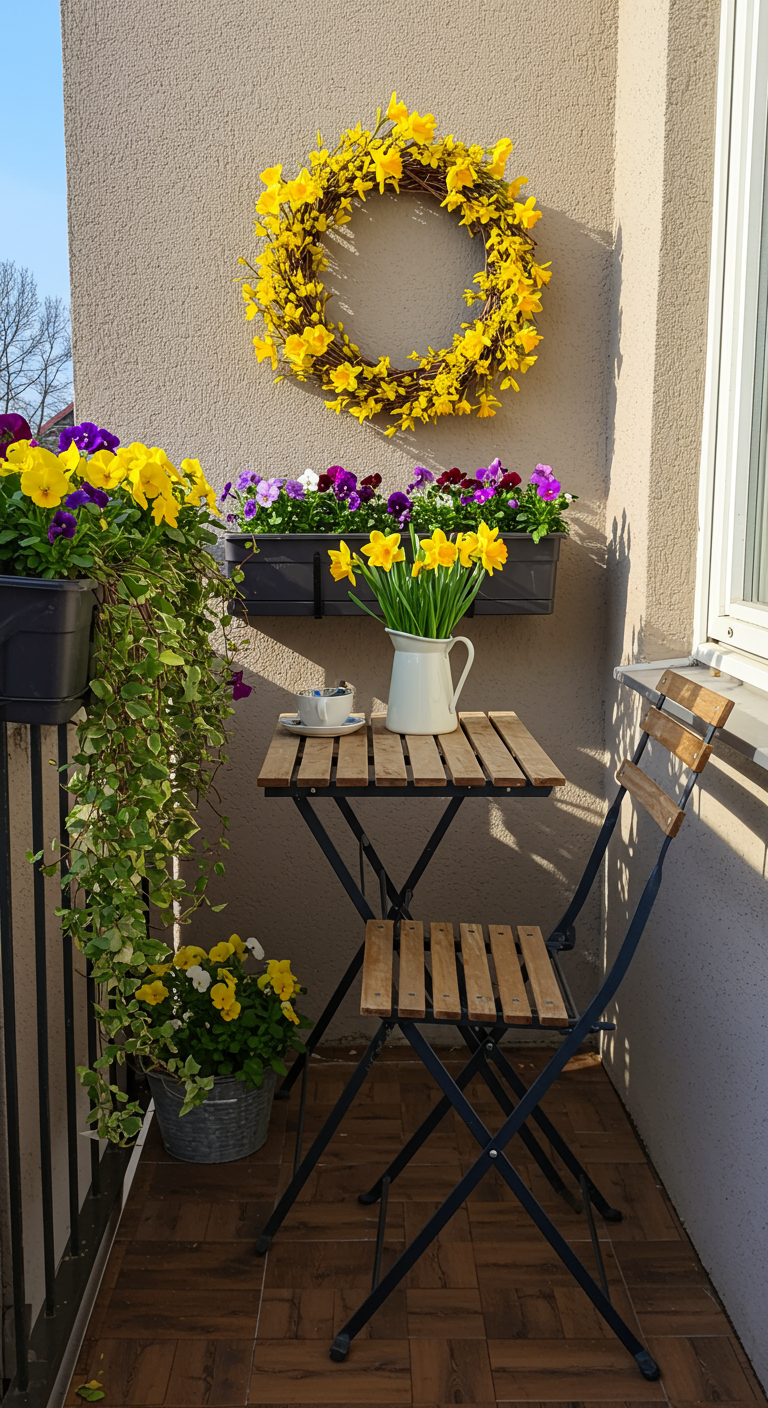 Kleiner Balkon mit Klapptisch, gelben Blumen und Narzissenkranz.