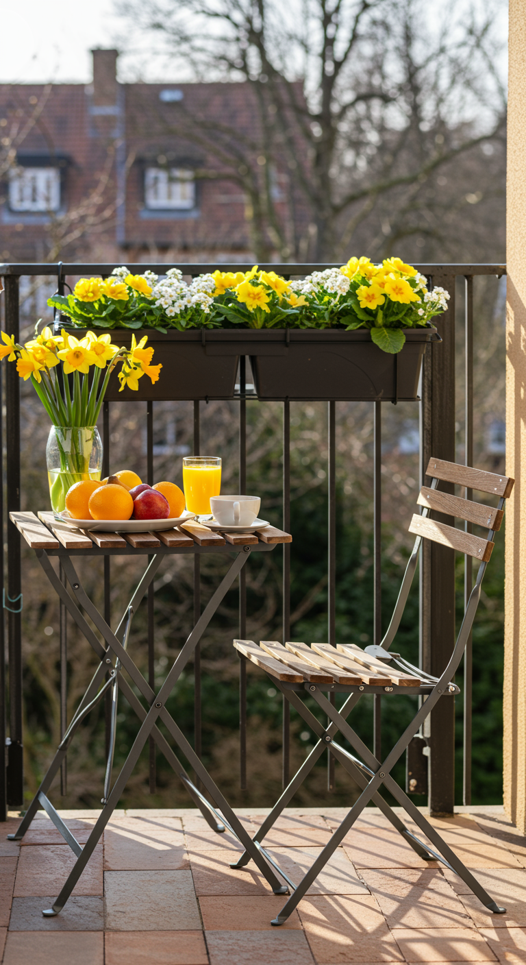 Kleiner Balkon mit Klapptisch, Stuhl, gelben Narzissen und Frühstück.